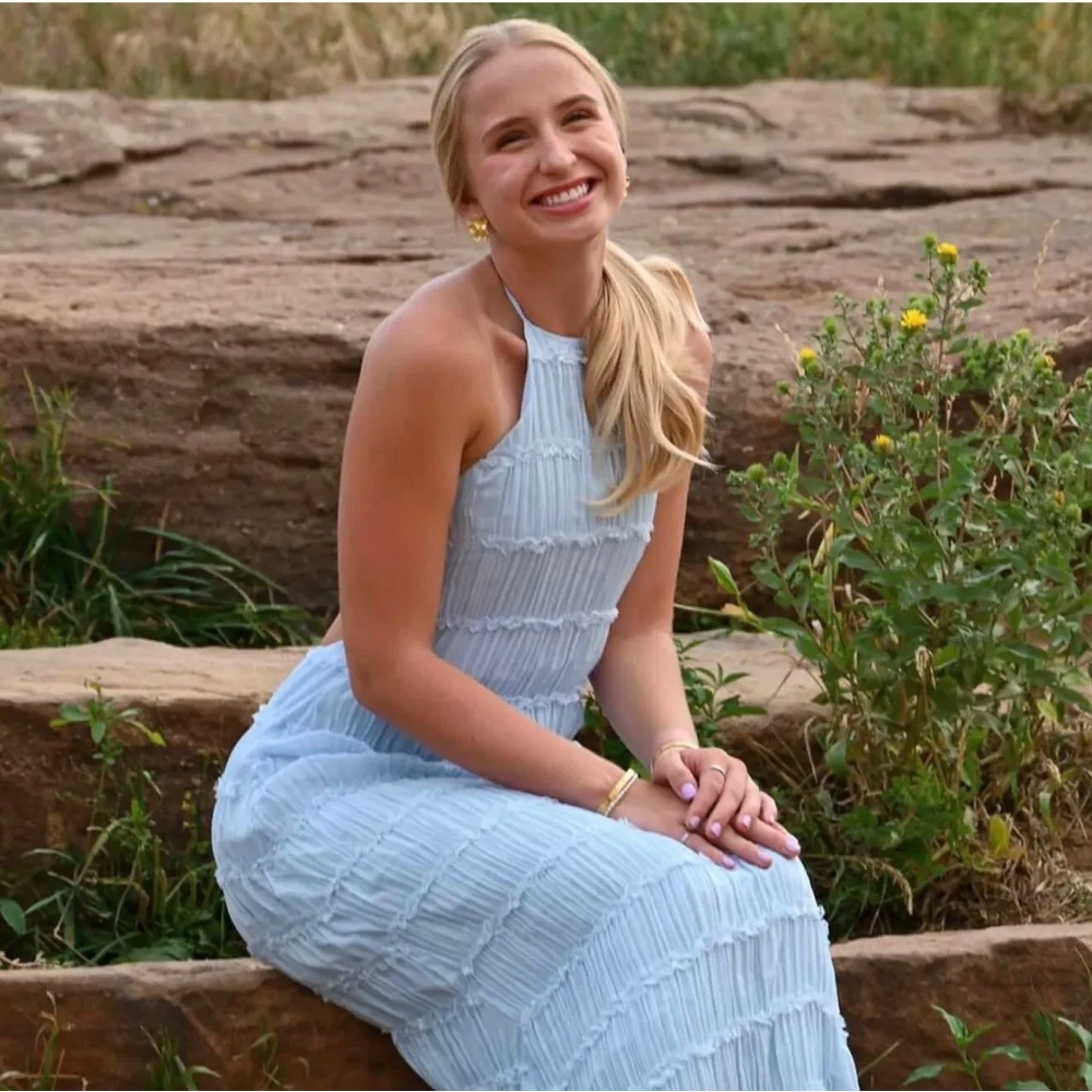 COMMENSE Light Blue Halter Ruched Dress